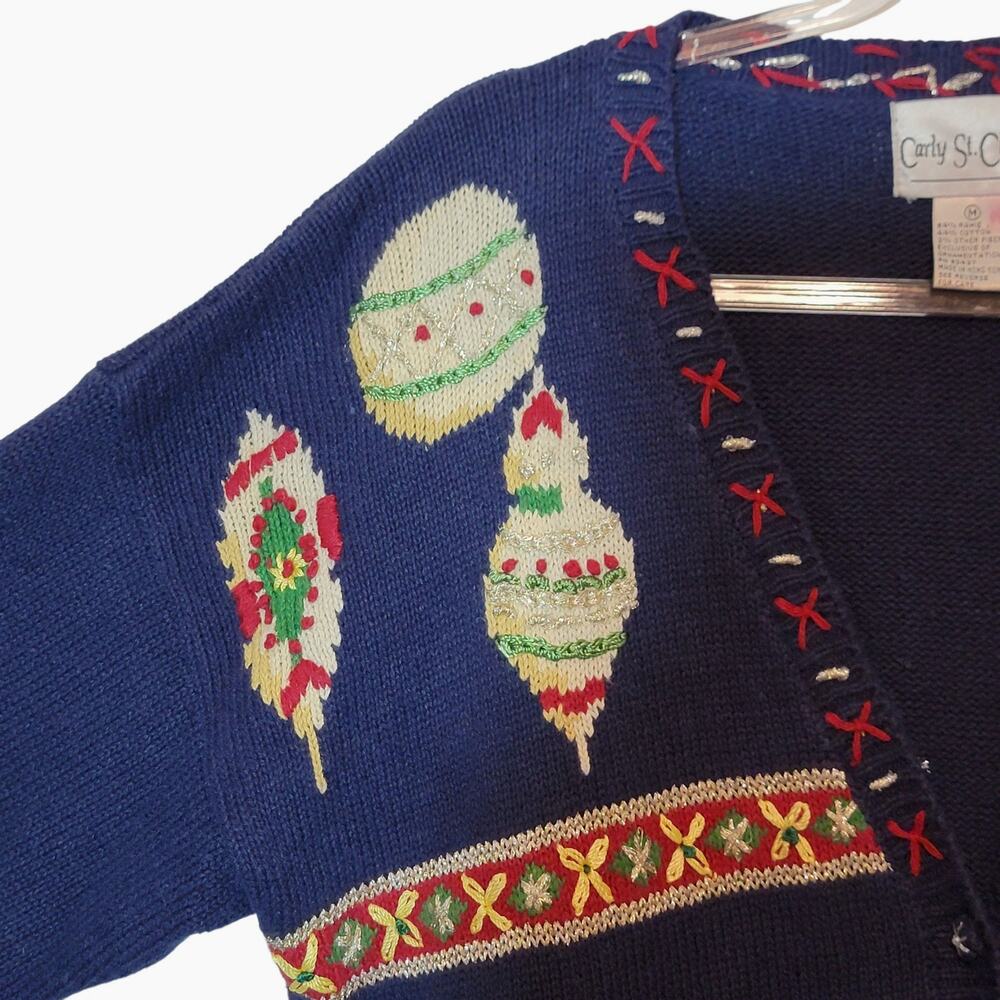 Vintage Carly St Claire Embroidered Christmas Cardigan Sweater Blue Red M Retro - Picture 3 of 11